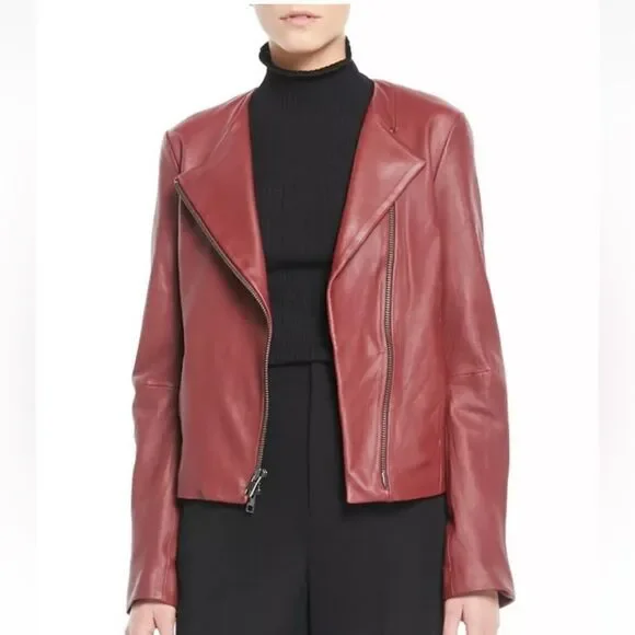 Vince Leather Moto Red Jacket Collarless Asymmetric Zip Size S - Picture 3 of 13